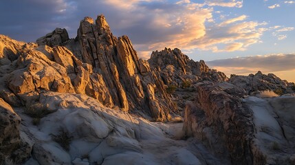 Obraz premium Rugged mountain peaks illuminated by golden sunlight at sunset
