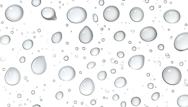 Several translucent, spherical water droplets of varying sizes scattered on a dark background - Powered by Adobe