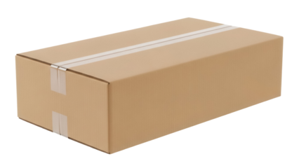 Brown cardboard box isolated PNG on transparent background, closed container for shipping and storage, package for delivery