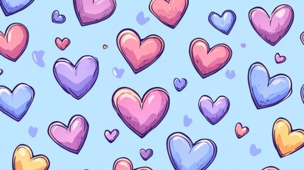 Romantic background with hand-drawn pink and violet hearts seamless pattern, ideal for valentine's day or love-themed projects