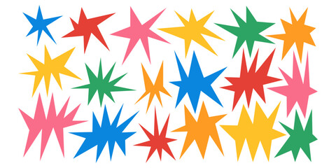 Sharp star bursts with irregular edges create dynamic starburst shapes perfect for abstract vector designs, bold graphics, and eye-catching geometric patterns with spiky points.