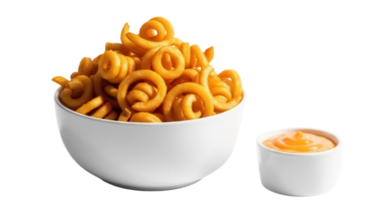 Curly fries in a bowl with cheese sauce isolated PNG, delicious golden brown snack on transparent background for fast food menus