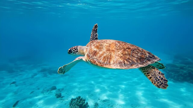 Sea turtle swimming gracefully through clear blue tropical ocean water above a sandy seabed with coral