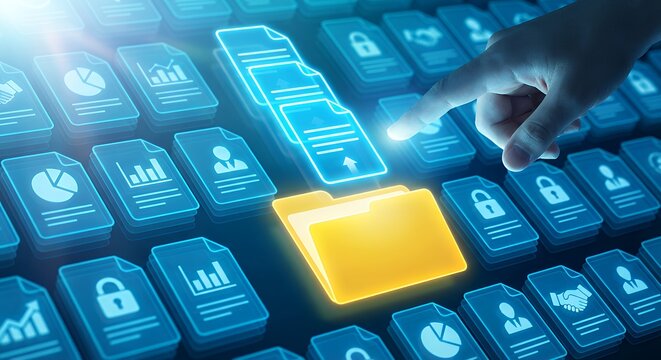 Selecting and transferring digital files into an illuminated folder icon symbolizing modern data management cloud storage and corporate information organization Perfect Any Project.