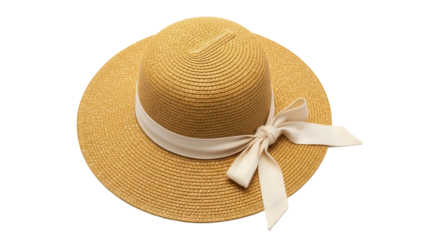 Elegant straw sun hat with ribbon isolated PNG, summer fashion accessory for beach vacation and sun protection on transparent background
