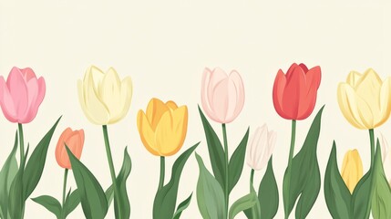 Cartoon Tulips in pastel shades on a plain background with copy space on one side 