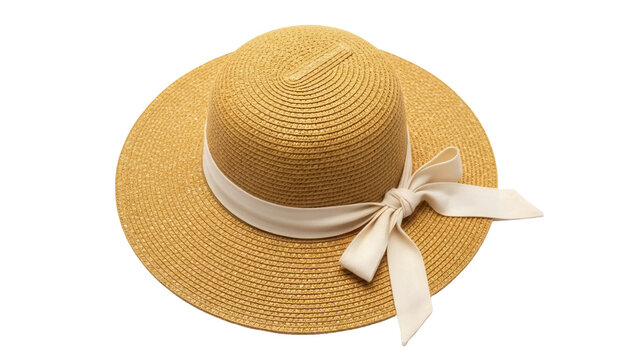 Elegant straw sun hat with ribbon isolated PNG, summer fashion accessory for beach vacation and sun protection on transparent background