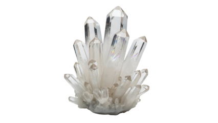 Clear quartz crystal cluster isolated PNG on transparent background, mineral specimen for healing and spiritual practices