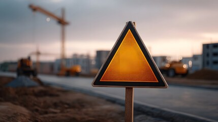 A triangular hazard warning sign stands in the foreground of a construction site at dawn with cranes and buildings in the background