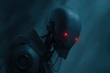 A dark mysterious robot with red glowing eyes