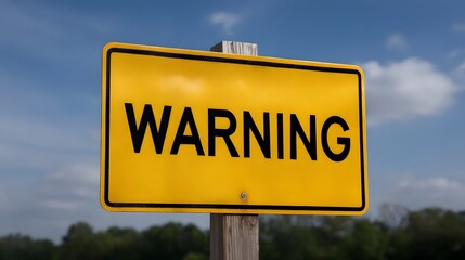 A yellow warning sign with black lettering is mounted on a wooden post set against a blue sky