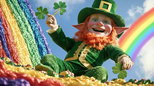 Joyful leprechaun sitting atop rainbow with shamrock