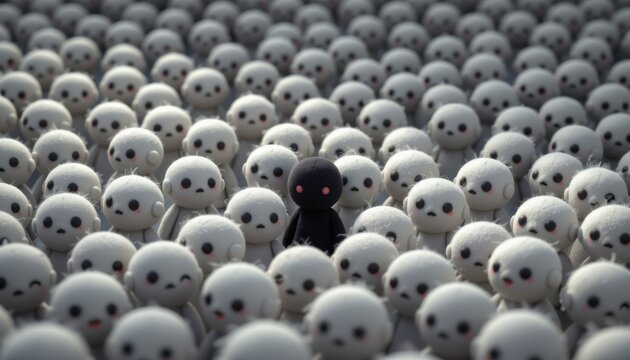 one dark among light 132: a crowd of characters in powder grey tones with a single character in dark graphite standing out, plush toy inspired illustration, layered crowd with subtle depth