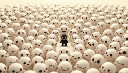 Obraz premium one dark among light 160: a crowd of characters in vanilla white tones with a single character in charcoal ink standing out, plush toy inspired illustration, balanced symmetrical crowd layout