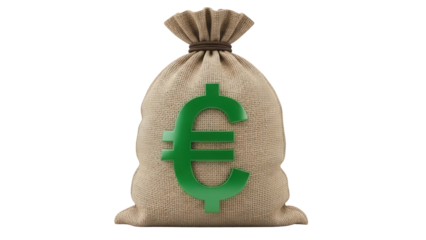 Money bag with green euro sign isolated PNG, sack full of cash on transparent background, financial concept for business and economy