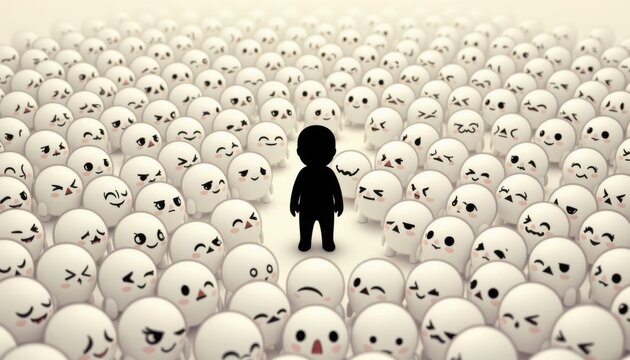 one dark among light 170: a crowd of characters in soft white tones with a single character in charcoal ink standing out, simple rounded mascot illustration, center focused crowd composition
