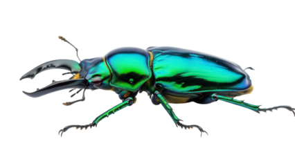 Rainbow stag beetle isolated PNG on transparent background, iridescent insect with large mandibles and green exoskeleton, entomology specimen
