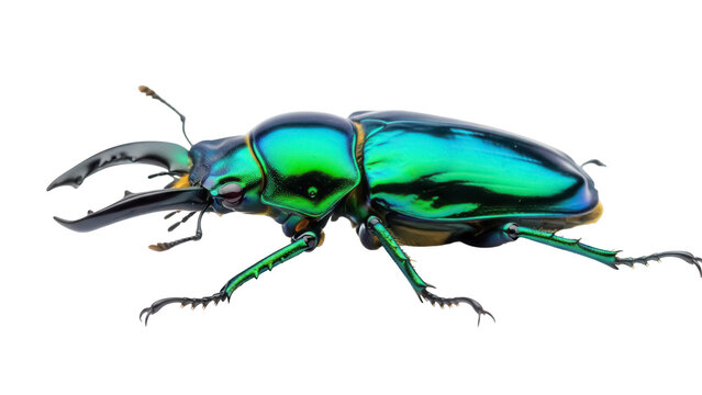 Rainbow stag beetle isolated PNG on transparent background, iridescent insect with large mandibles and green exoskeleton, entomology specimen