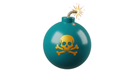 Teal bomb with skull and crossbones PNG isolated on transparent background, cartoon explosive device for games and graphic design