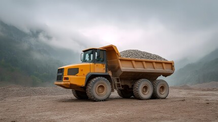 Obraz premium A large yellow dump truck loaded with gravel moves through a foggy industrial quarry landscape under an overcast sky