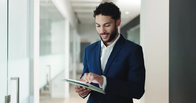 Man, tablet and smile with scroll at office, notification or review deal for real estate project. Person, realtor and property developer with tech, click application and happy with proposal at agency