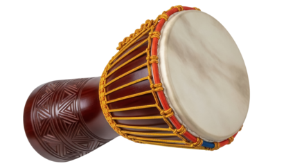 Djembe drum PNG isolated on transparent background, traditional African percussion instrument with rope tuning and carved wood, musical culture
