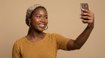 Young Black woman smiling while taking a selfie on beige background  