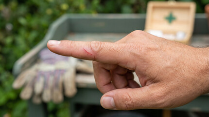 Man pointing with injured finger while gardening in outdoor setting  