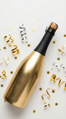 Gold champagne bottle with festive ribbons and stars on white background  