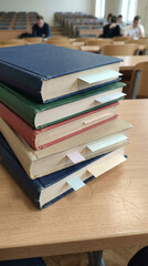 Stacked textbooks with bookmarks on wooden desk in classroom  