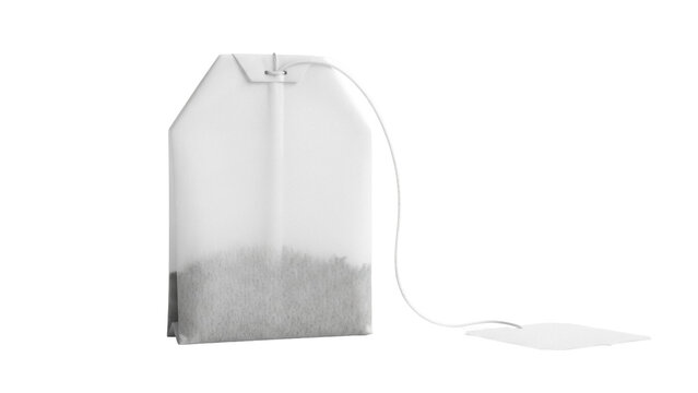 Tea bag PNG isolated on transparent background, single-use bag with string and label for brewing hot beverage, no background