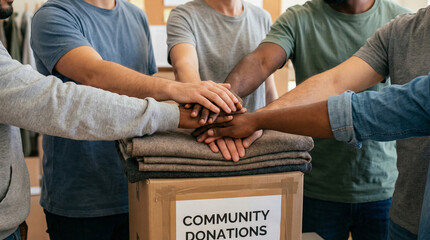 Hands of diverse volunteers stacked together on donation box  