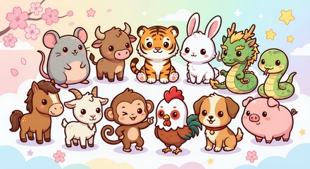 Obraz premium Kawaii style illustration of the complete set of twelve Chinese Zodiac animals rat ox tiger rabbit dragon snake horse goat monkey rooster dog pig Perfect Any Project.
