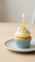 Cupcake with yellow candle and colorful sprinkles on white plate  