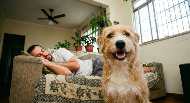 A happy dog ​​looks at the camera while its owner sleeps in the background - cachorro fiapo de manga feliz olhando para a c&acirc;mera enquanto seu tutor dorme ao fundo