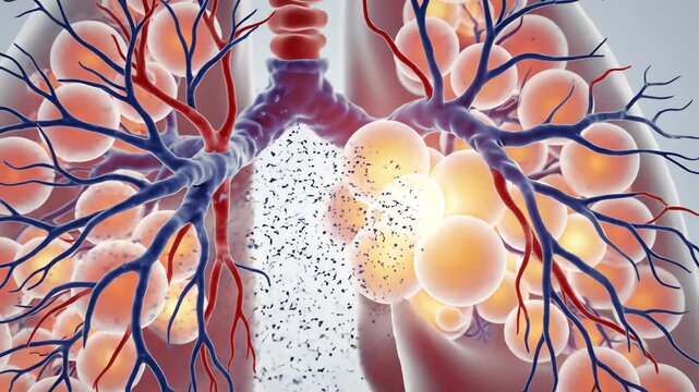 Alveoli during increased oxygen demand, showing more rapid air inflow and stronger capillary pulses. The sacs glow brighter to represent heightened exchange activity