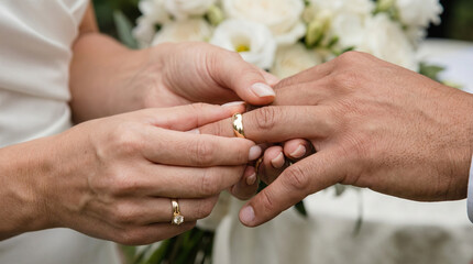 Couple exchanging wedding rings during ceremony with floral backdrop  