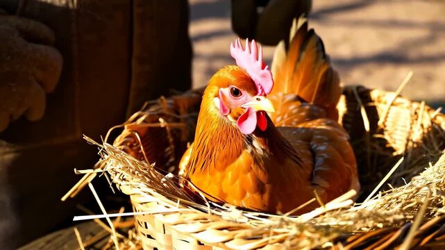 A Close-Up Look at Chicken Nesting: Hands Gently Placing a Feathered Friend in a Cozy Basket Surrounded by Straw and Natural Light