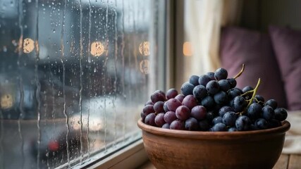 bowl of grapes | A cozy indoor scene featuring a rustic bowl filled with assorted grapes sitting by a rain-splashed window, creating a warm, inviting atmosphere