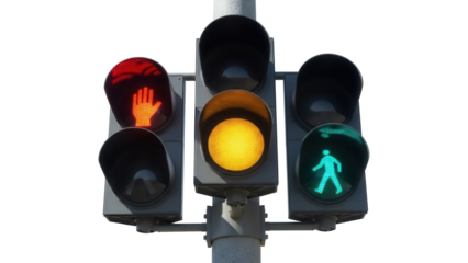 Pedestrian traffic light with red hand, yellow and green man isolated PNG, crosswalk signal on transparent background