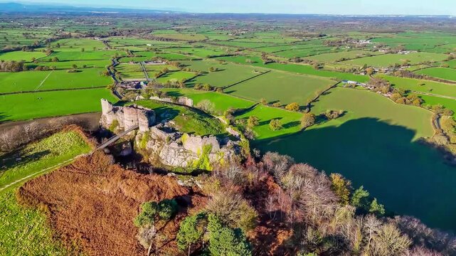 A rising aerial view of Beeston castle near Chirk, Wales