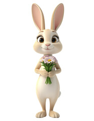 花束を持って立っているクリーム色のウサギ　大きな瞳　3d　クリップアート　挿絵