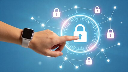 Hand with smartwatch touching digital lock