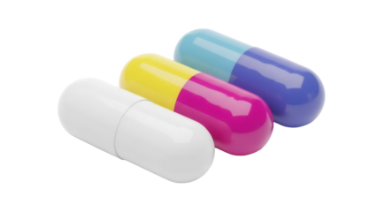 Three colorful capsules isolated PNG on transparent background, white yellow and pink blue and purple pills for medical or pharmaceutical use