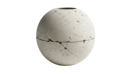Cracked concrete sphere isolated PNG on transparent background, weathered stone ball for architectural rendering and design use