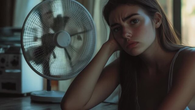 A young woman leans her head on a white fan, lost in thought