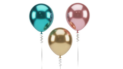 Three metallic balloons PNG isolated on transparent background, teal rose gold and gold balloons...