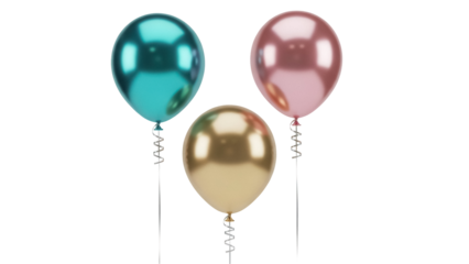 Three metallic balloons PNG isolated on transparent background, teal rose gold and gold balloons for party decoration and celebration