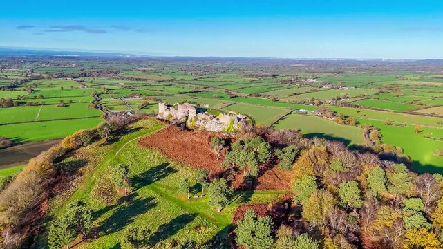 A rotating aerial view of Beeston castle near Chirk, Wales 