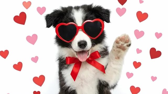 Funny Border Collie Puppy Waving Paw in Red Heart Glasses for Valentine's Day